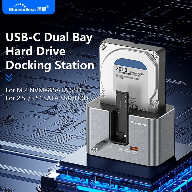 Docking Station Blueendless per SSD/HDD Multi M.2 PCIE NVME e m2 SATA e SSD/HDD SATA da 2.5"/3.5" con HUB USB3.2, Enclosure per HDD/SSD