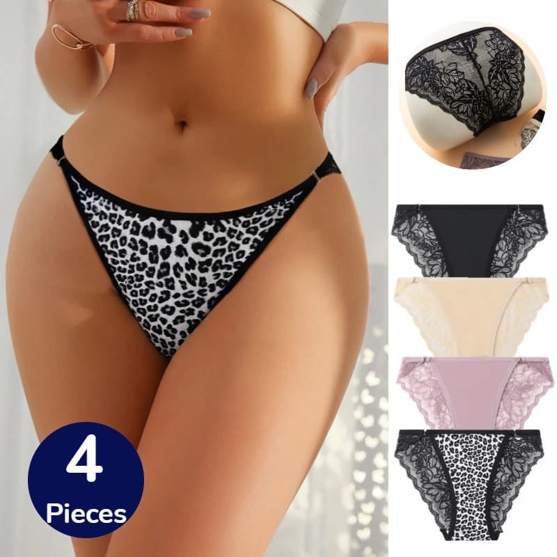 BZEL Set di 4 Mutandine da Donna, Intimo Sexy in Pizzo Traforato, Lingerie Leopardata alla Moda, Slip Comodi per Signore, Vendita Calda