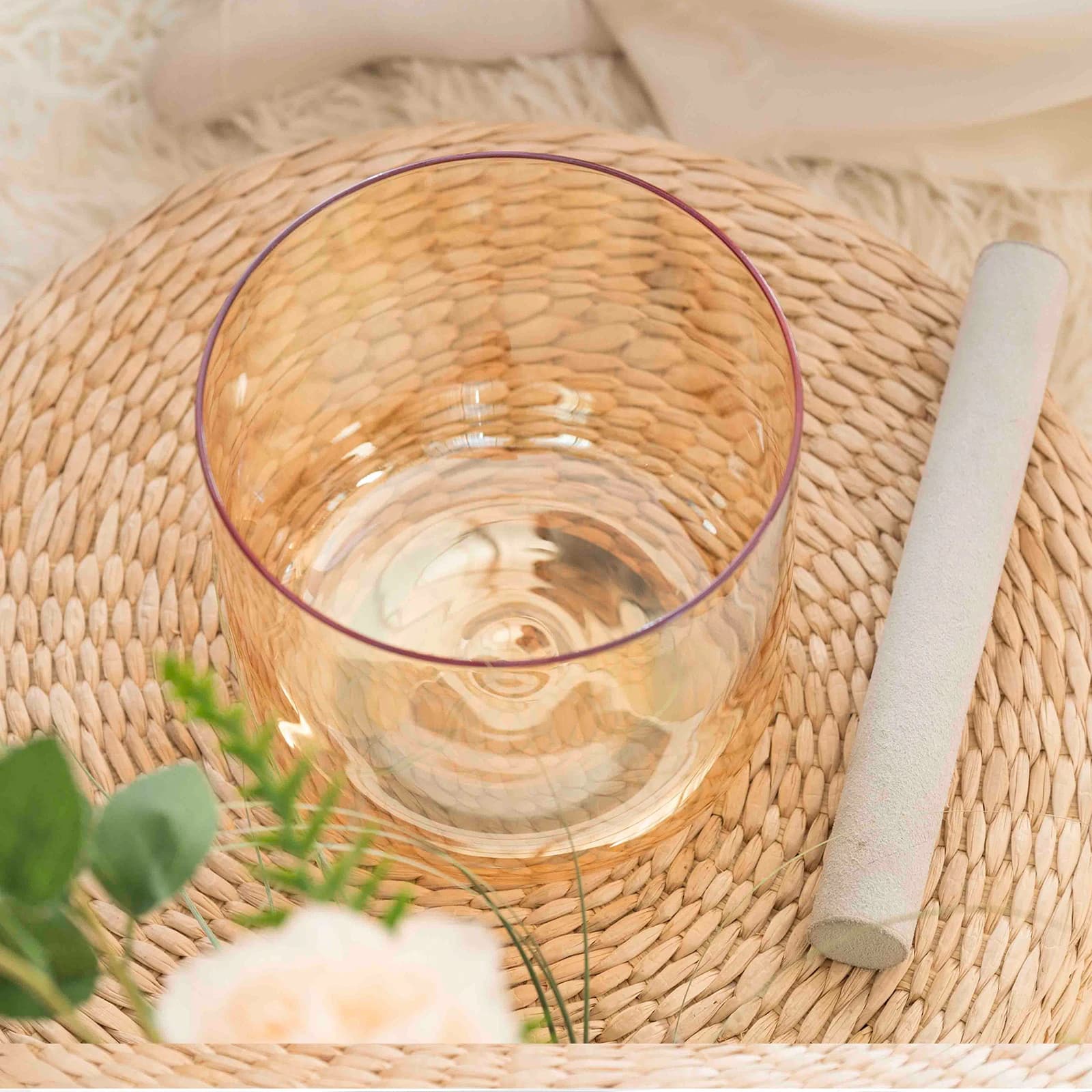 Hye-eun Tea Color Cosmic Light Alchemy Clear Quartz Crystal Singing Bowl for Sound Healing and yoga with Suedce Stick