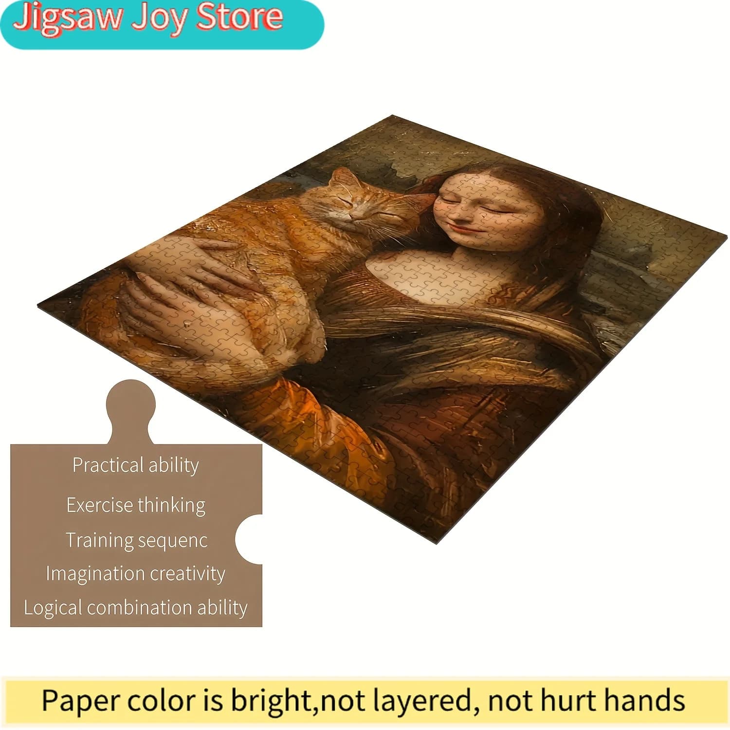 Puzzle per famiglie - Mona Lisa con il gatto felice, sfida di livello intermedio, pezzi in legno di alta qualità che si adattano perfettamente tra loro