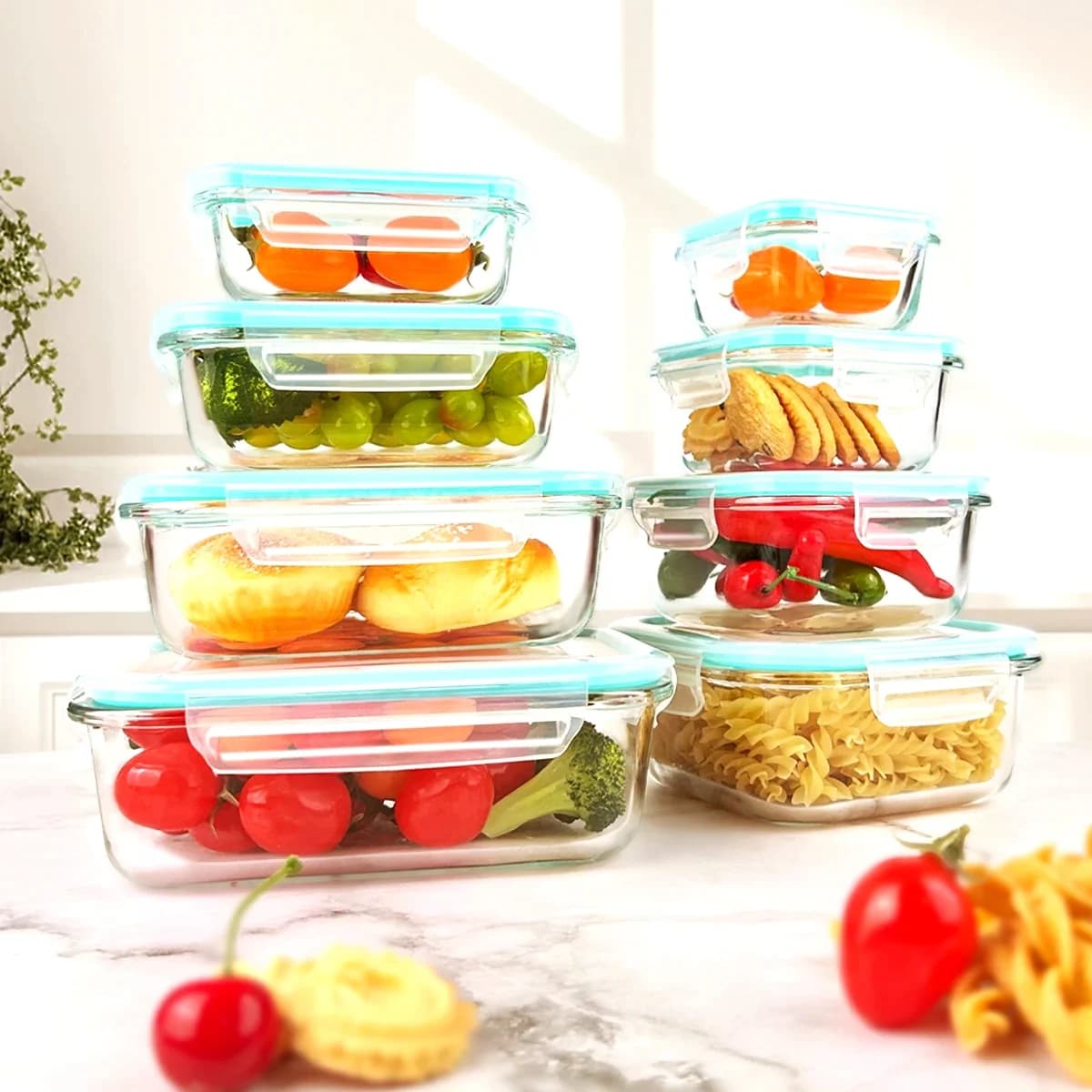 8pcs Glass Food Storage Containers Set Lunch Box Leakproof Airtight Microwave & Oven Safe Stackable Kitchen Organizers