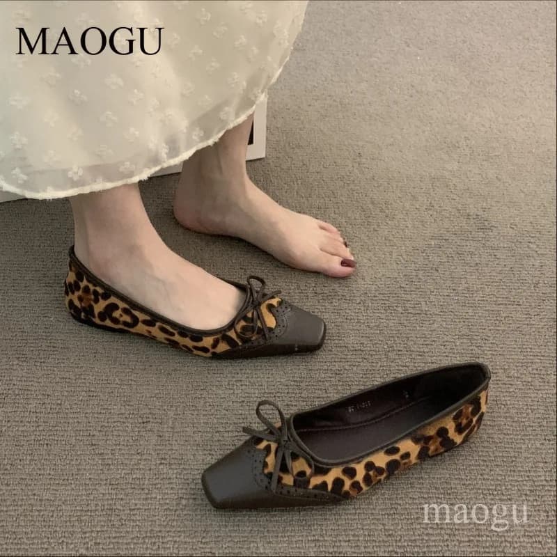 Mocassini da Donna Primaverili Autunnali con Punta Quadrata e Fiocco, Patchwork Leopardato, Casual, alla Moda, Comodi, Slip-On