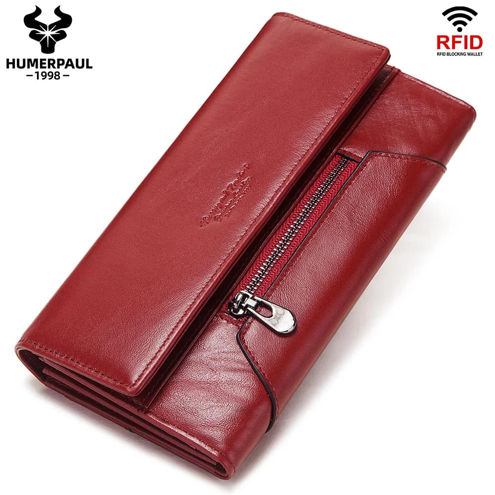 HUMERPAUL Portafoglio da donna in vera pelle con blocco RFID Porta carte di credito tri-fold Pochette per telefono femminile lunghe di lusso