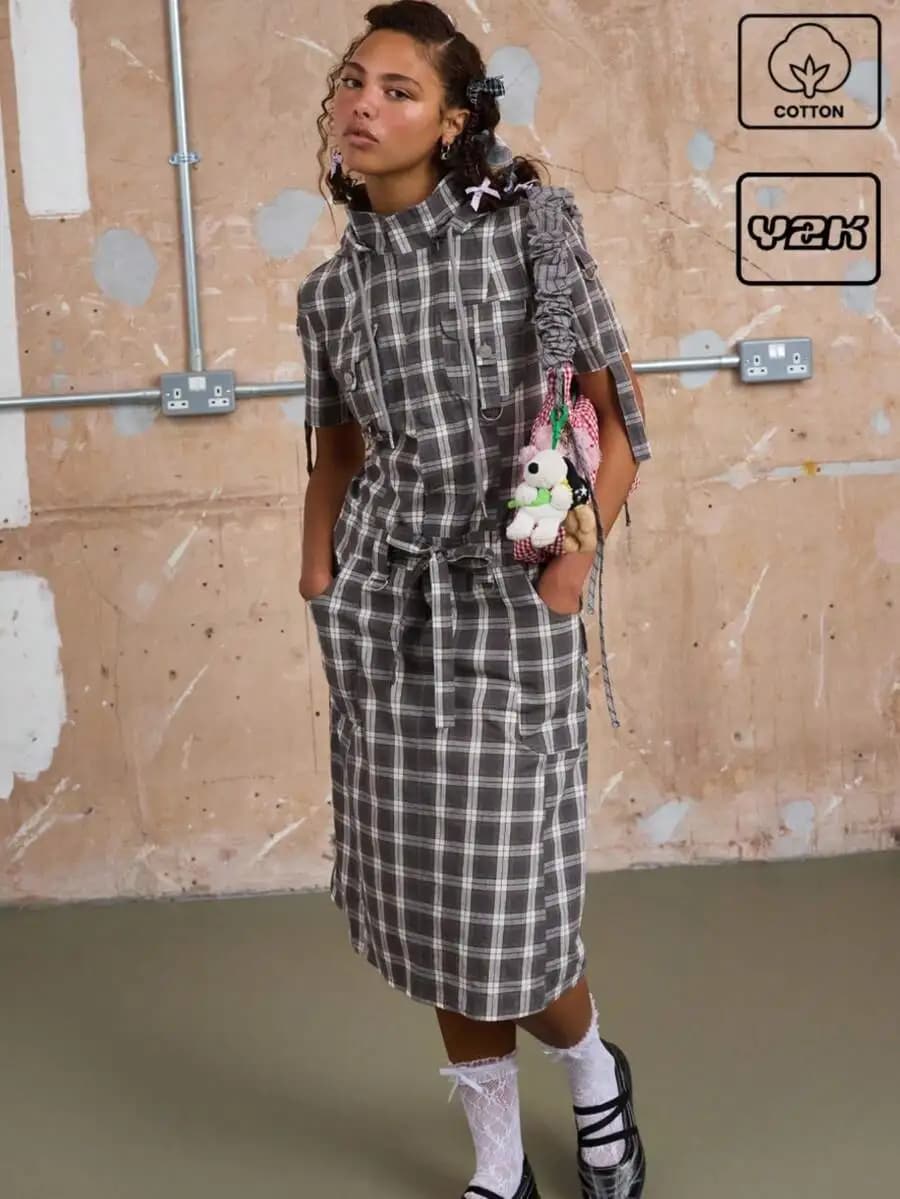 Abito Midi Cargo a Quadri per Donna, Stile Vintage Y2K, in Cotone, Outfit Casual Estivo