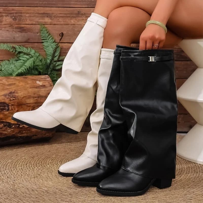 Women's Folding Knee-high Boots Fashion Winter Solid Color Non-slip Thick-soled Wide-leg PU Leather Fashion Boots Botas Mujer