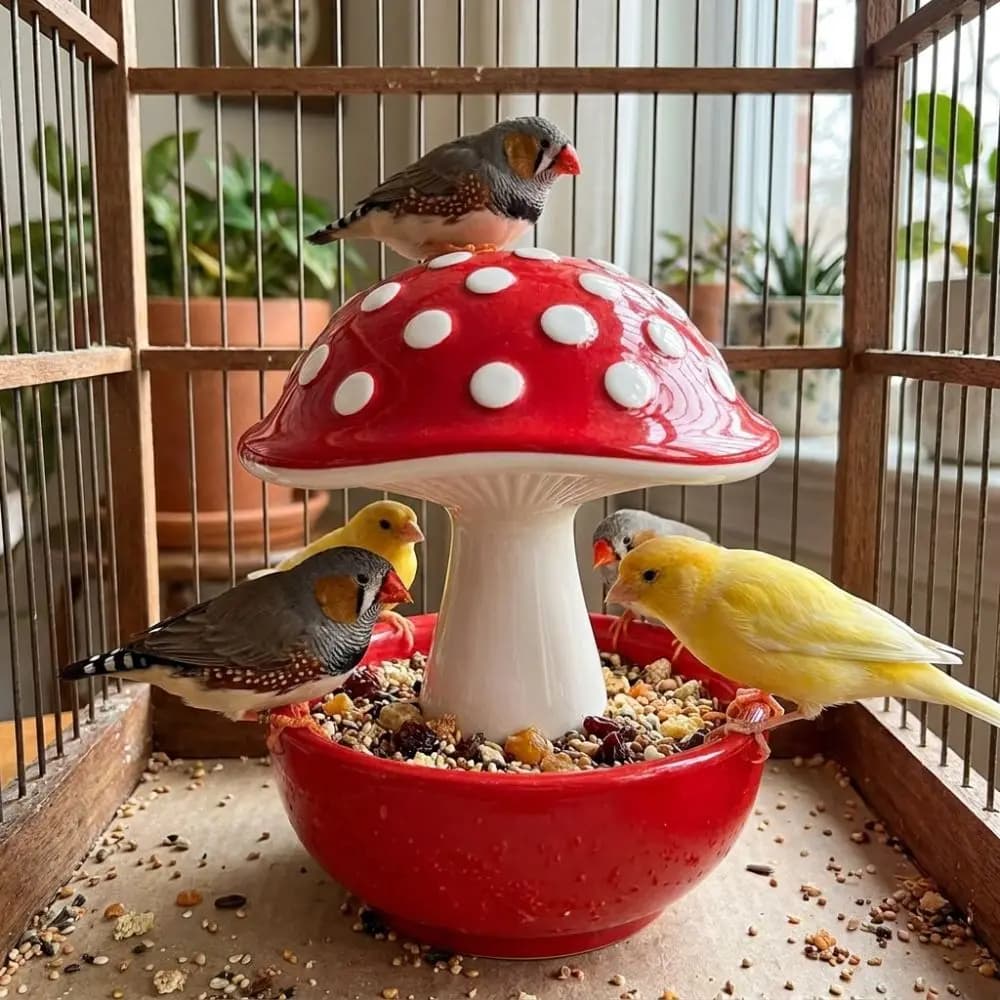 Resin Mushroom Bird Feeder Spill Proof Dust Proof Parrot Food Container Anti Tip Large Capacity Bird Water Bowl for Bird Lovers