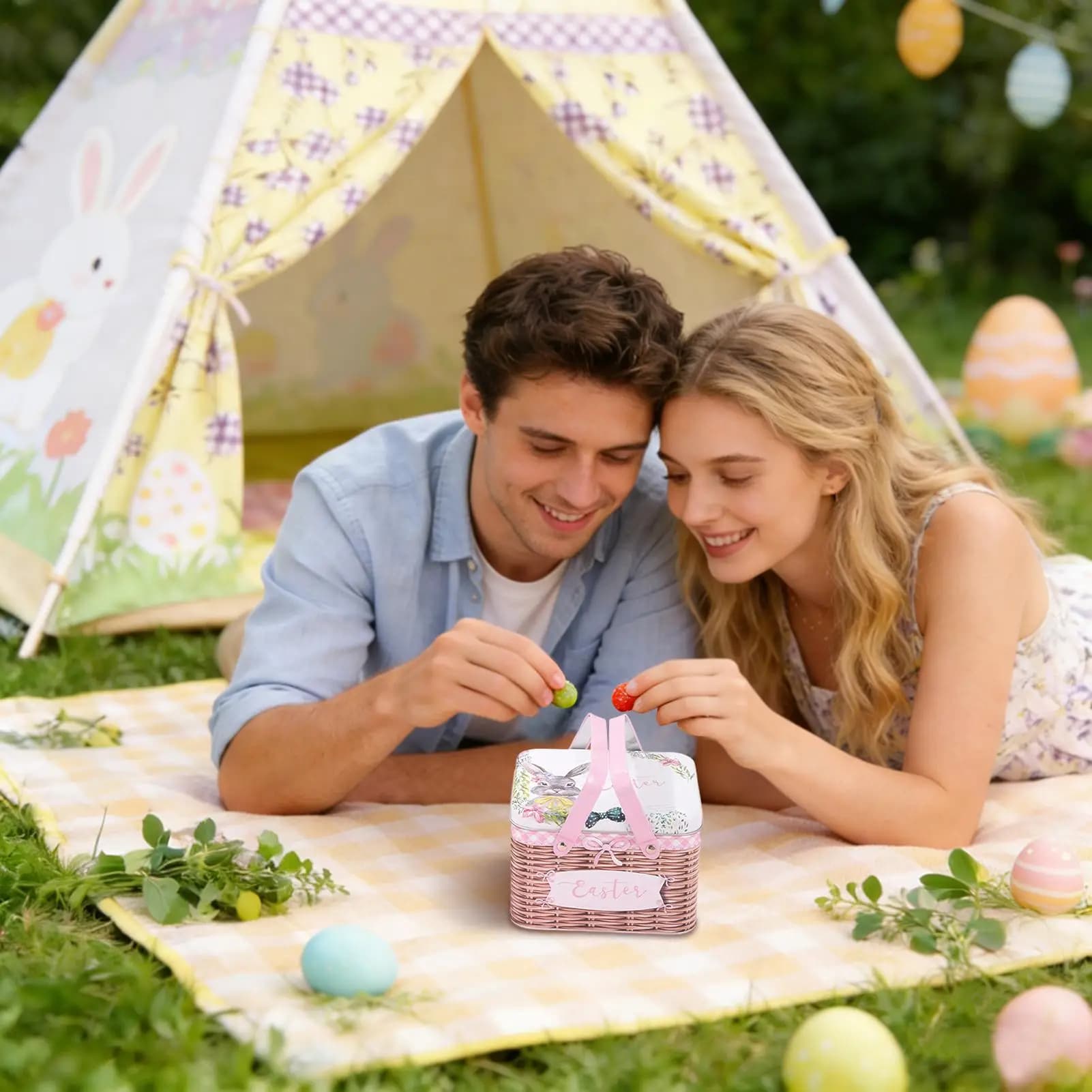 Cesto Pasquale in Metallo con Coperchio e Manico, Porta Caramelle per Feste, Cioccolatini, Regali di Pasqua, Dolcetti per Appuntamenti
