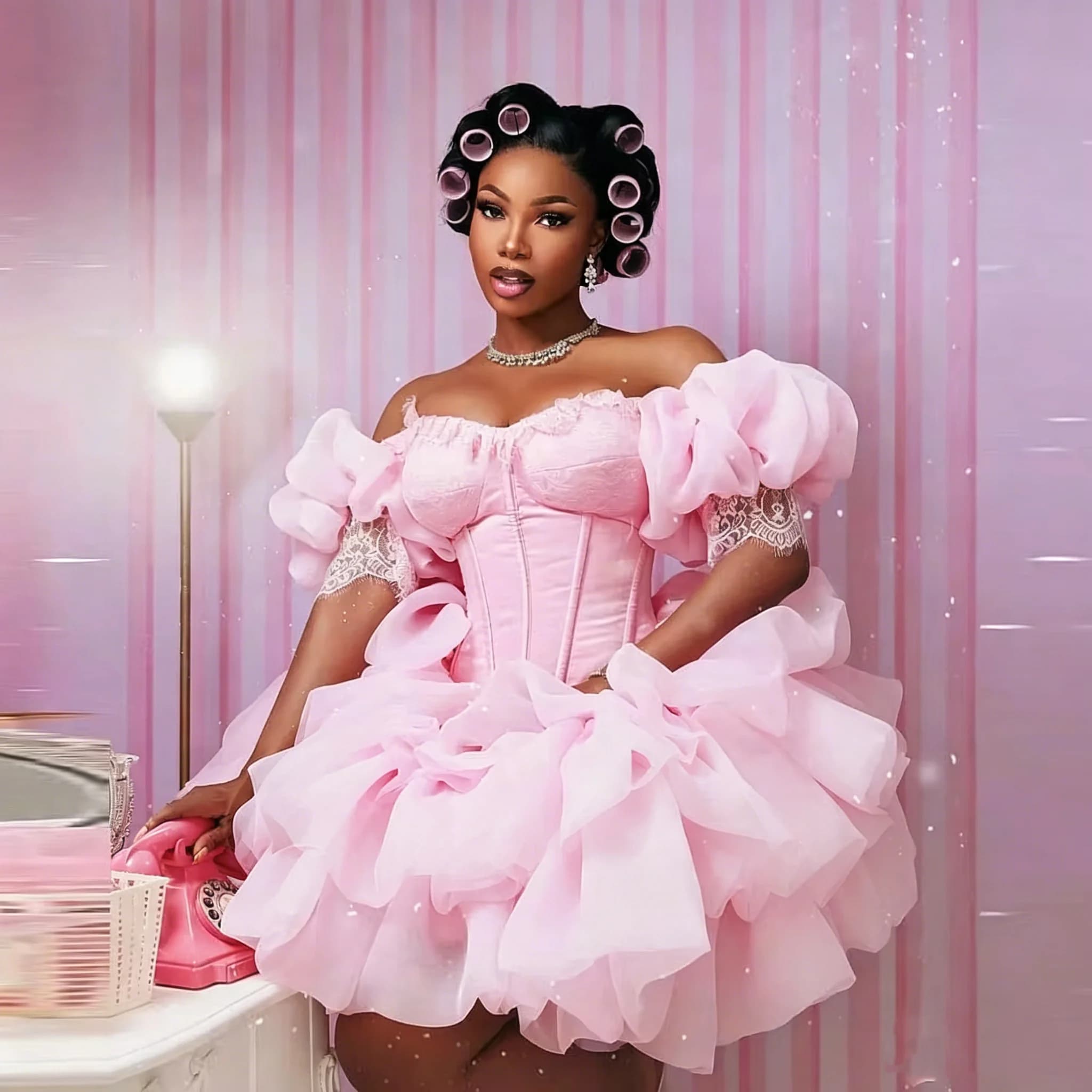 Abito Rosa Dolce con Spalle Scoperte, Minigonna, Maniche a Bolla, Volant in Tulle, Abito da Ballo per Feste di Compleanno e Laurea, Personalizzabile