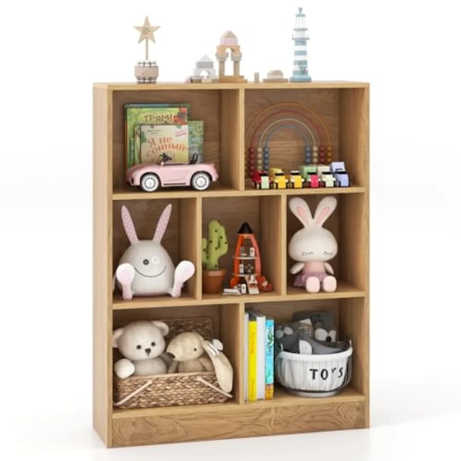 Libreria per Organizzazione Giocattoli in Legno con 2 Kit Anti-Ribaltamento, 3 Ripiani Aperti e Piedini Antiscivolo, Stile Montessori