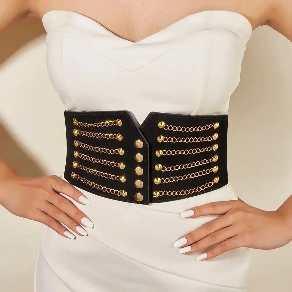 Cintura Corsetto Larga con Catena e Borchie Stile Punk Y2K, Cinture Modellanti a Vita Alta Elasticizzate da Donna
