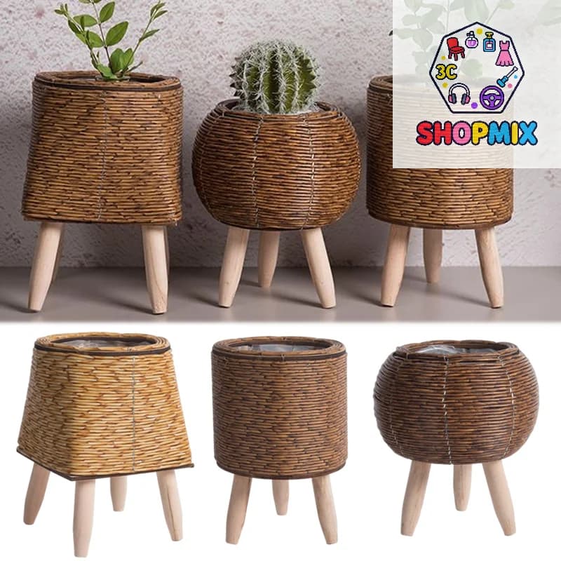 Imitation Rattan Woven Flower Shelf Planters Handmade Storage Basket With Removable Wooden Legs Plant Pot Stand Holder