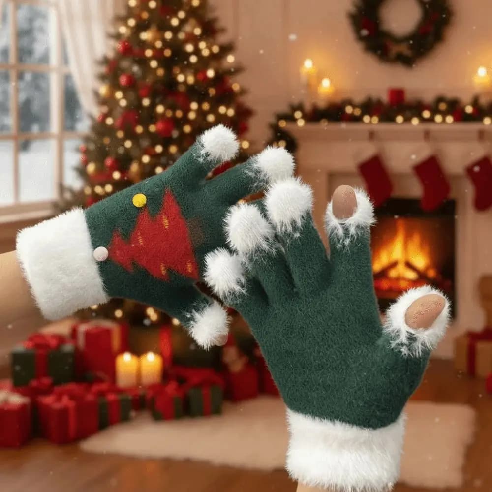 Red Green Christmas Gloves Knitted Woolen Elastic Wrist Winter Knit Mittens Thick Lining Cuff Touchscreen Full Finger Teens