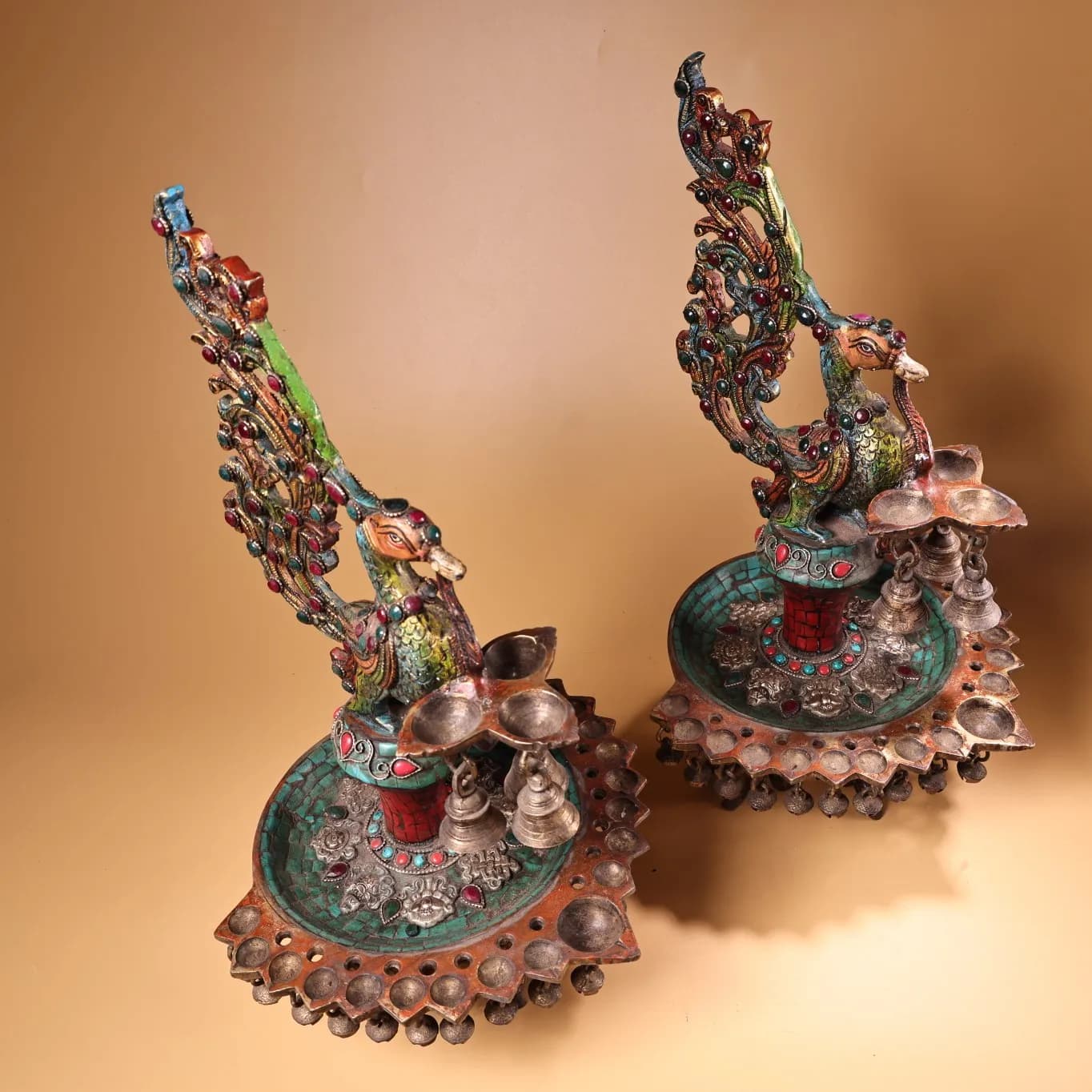 16"Tibetan Temple Collection Old Bronze Outline in gold Mosaic Gem Turquoise Phoenix Buddha Bell Oil Lamp Candlestick A Pair