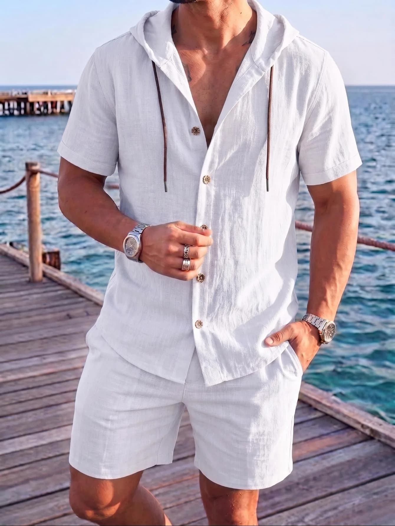 Mens Wrinkle Linen Matching Set Solid Hooded Drawstring Short Sleeve Shirt And Elastic Waist Pocket Shorts Thin Summer Coastal Resort Daily Casual Two Piece Outfit