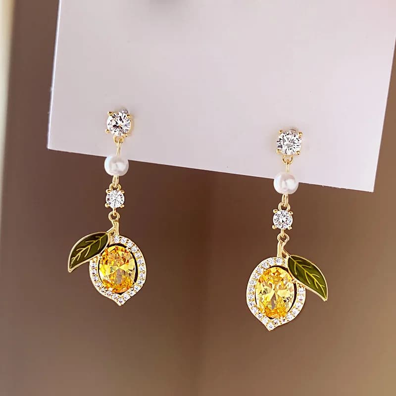 Gold Long Tassel Dangle Earrings With Round Clear Zircon Stud, White Pearl, Mini Zircon Link, Oval Yellow Citrine Lemon Pendant Surrounded by Paved Rhinestones & Enamel Green Leaf Mismatch Leaf Position Fruit Drop Earrings Women Sweet Summer Vacation