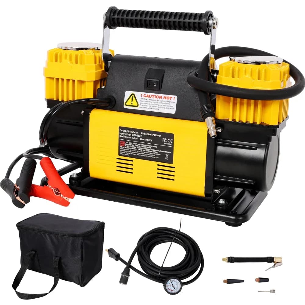 Compressore d'aria per carichi pesanti a doppio cilindro da 12 V, gonfiatore per pneumatici con manometro, massimo 150 PSI, pompa d'aria per gonfiaggio pneumatici