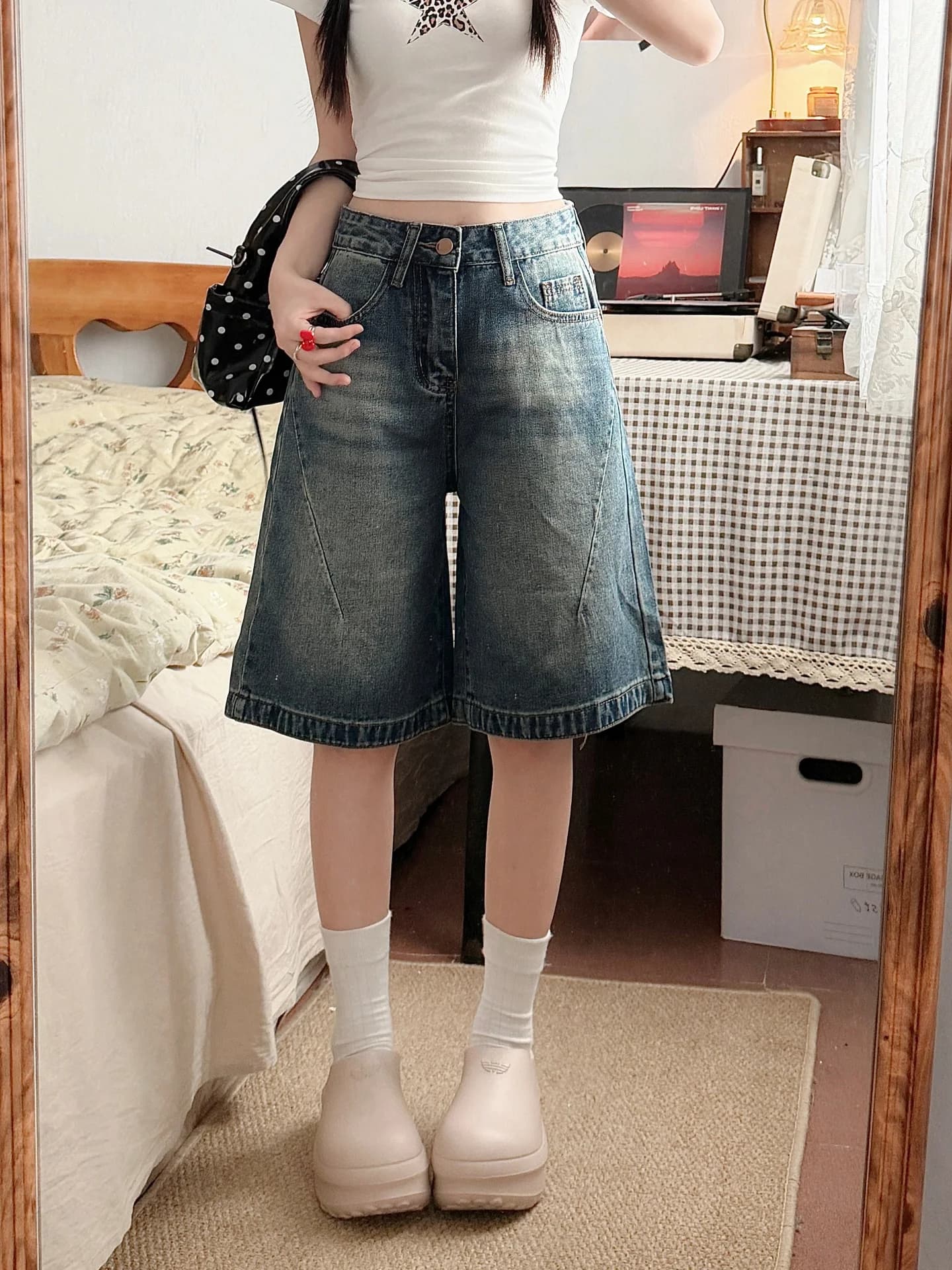 American Style Five-Point Jeans Shorts Women Summer Thin Wide Leg Loose Small Size Straight Tube Mid-Pants High Waist Wide Le...