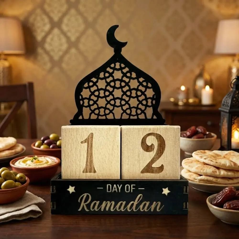 Calendario in Legno Eid Mubarak con Blocchi a Forma di Luna e Castello, Date Regolabili, Conto alla Rovescia per il Ramadan, Calendario Decorativo per il Ramadan