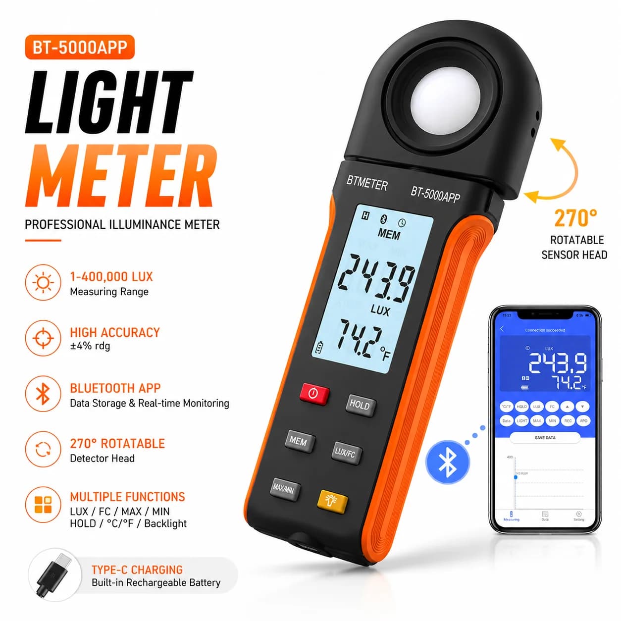 HOLDPEAK Professional Handheld Light Meter 1-400000Lux Bluetooth APP 30 Data Memory Thermometer 270° Rotating for Plants LED