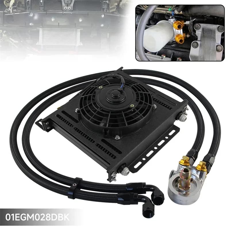 Ventilatore elettrico da 7'' + radiatore olio a 34 file 80 ° C Adattatore Termostato 3/4x16UNF e M20x1,5 + Motore Trasmissione Universale Nero/Argento