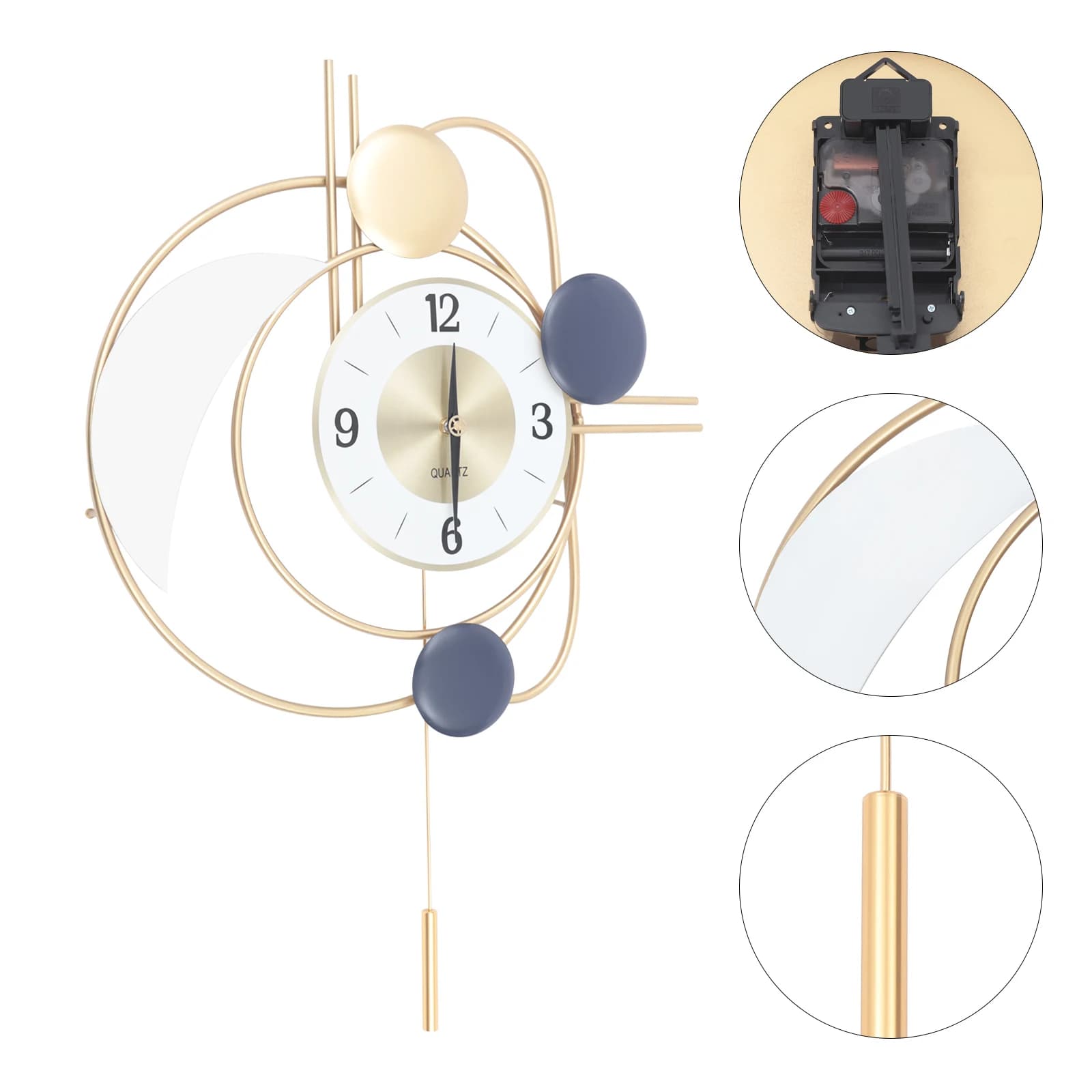 Grande orologio da parete moderno in metallo: funzionamento senza batteria, arredamento dorato minimalista con pendolo oscillante
