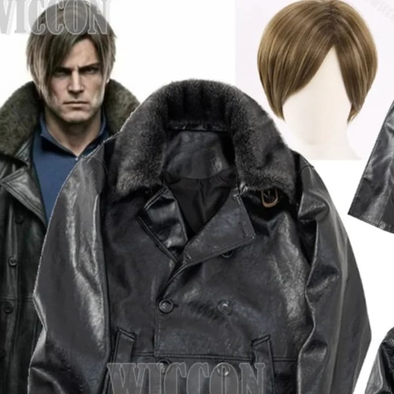Costume Cosplay Leon Resident Evil 9, Giacca in Pelle Scura con Colletto in Pelliccia, Abito da Uomo per Halloween, Comic Con e Festival