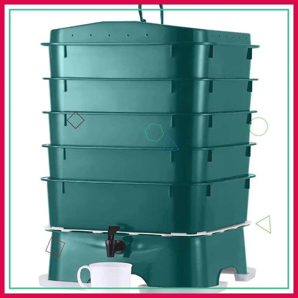 Compostiera per vermi a 5 ripiani - Verde scuro | Contenitore per Vermicompostaggio da Interno ed Esterno | Riciclo Sostenibile dei Rifiuti Alimentari
