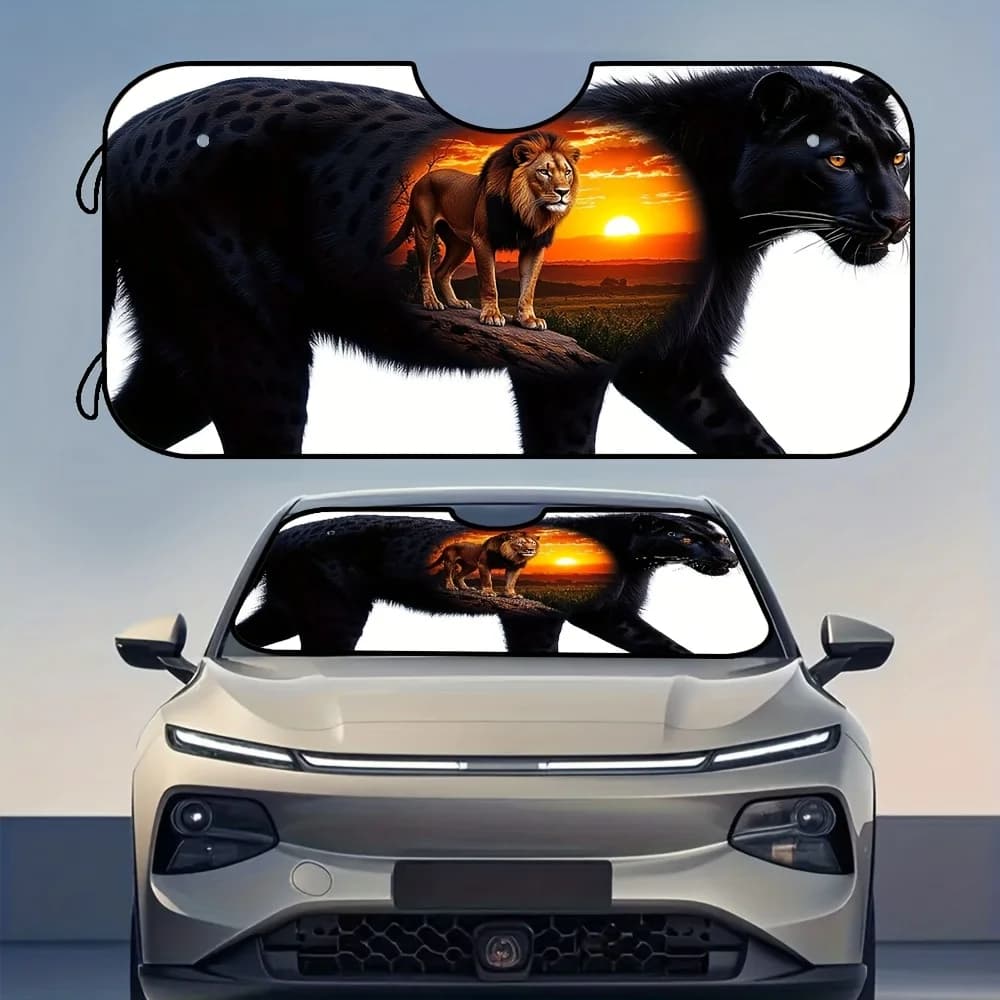 1 pezzo, Black Panther Sunset Safari Africa Parabrezza per auto con stampa floreale, Visiera parasole pieghevole, Ideale per il parcheggio al sole,