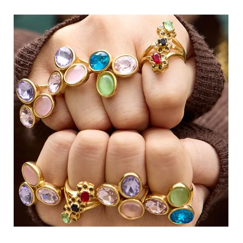 Mystery Light Luxury Stainless Steel Multi-color Glass Water Diamond Ring Gold Does Not Fade Niche Design Temperament Ring