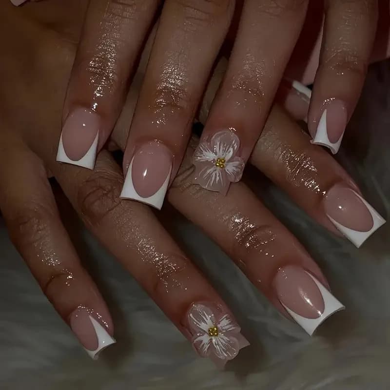 24 pcs short square fake nail sets with fashionable floral design set of white fake nails reusable with print pearls design on nails