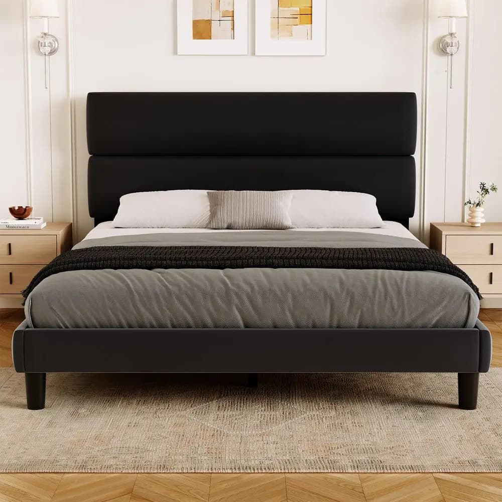 Struttura letto queen size con piattaforma e testiera in velluto, supporto a doghe in legno regolabile in altezza, base imbottita per materasso, F