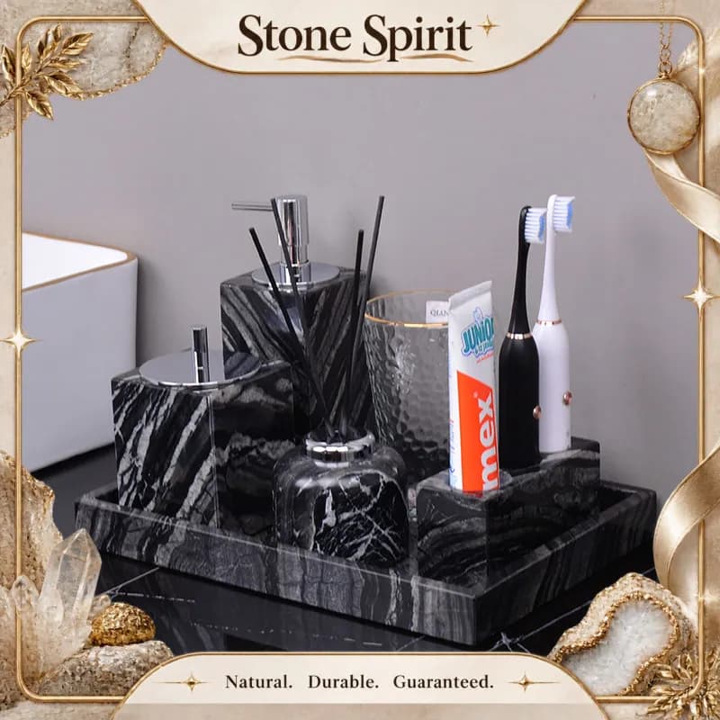 Luxury Marble Bathroom Accessory Set, Vanity Tray, Tissue Box, Soap Dish, Toothbrush Holder, Bathroom Wash Kit for Countertop
