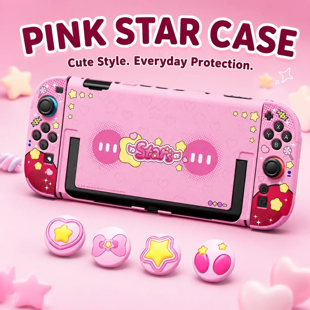 SWCHL Pink Stars Protective Case for Switch 2 OLED V2 Dockable Full Cover Hard Shell Cute Gaming Case Optional Thumb Grips