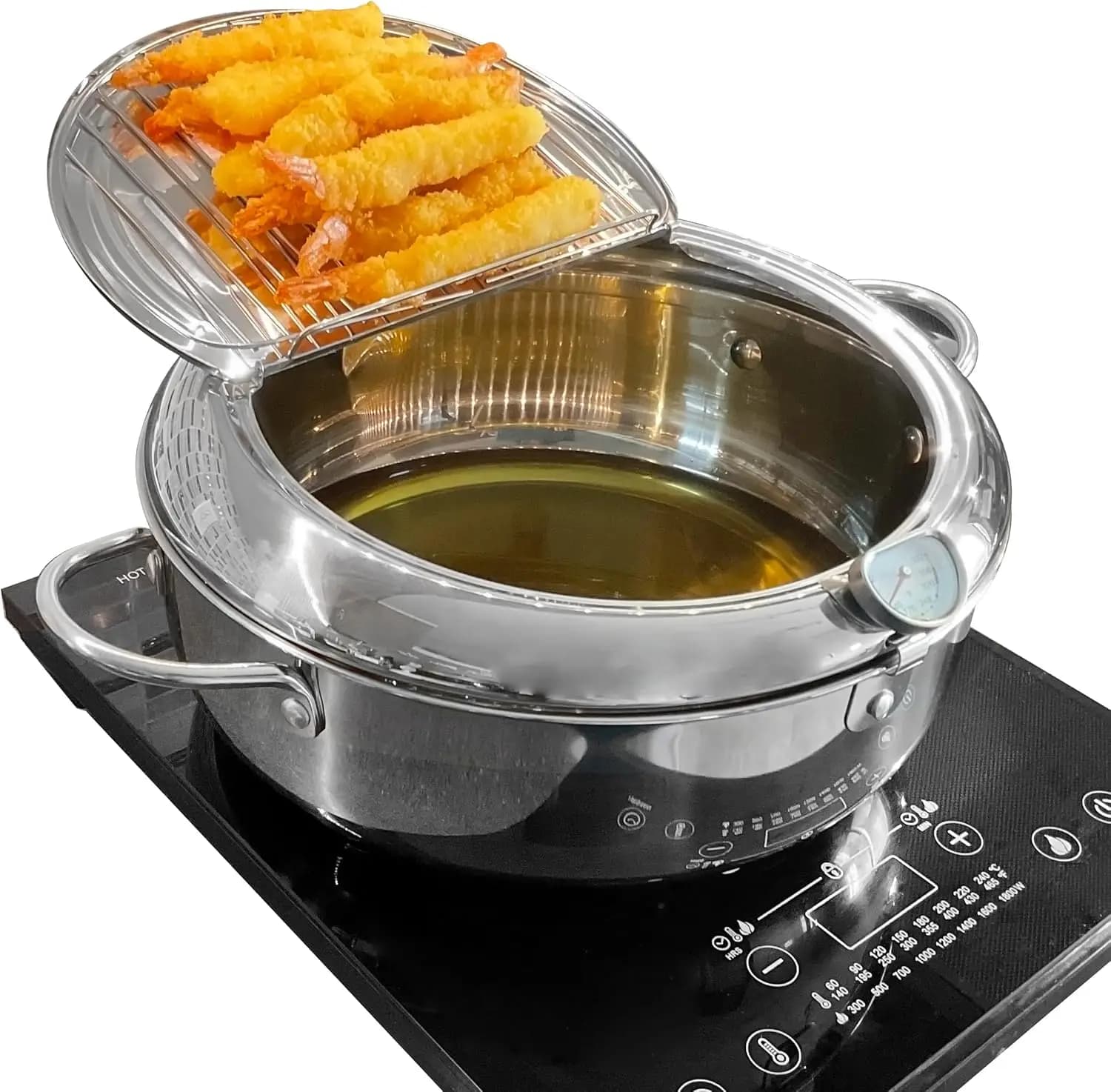 Pentola per Frittura Profonda da 11 Pollici con Termometro Fahrenheit, Pentola per Tempura in Acciaio Inox da 4,2L con Coperchio e Griglia di Drenaggio dell'Olio