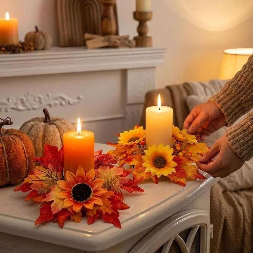 Foam Faux Berries Sunflower Maple Candle Ring Wreath Plastic Circular Rustic Style Artificial Berry Fall Candle Ring