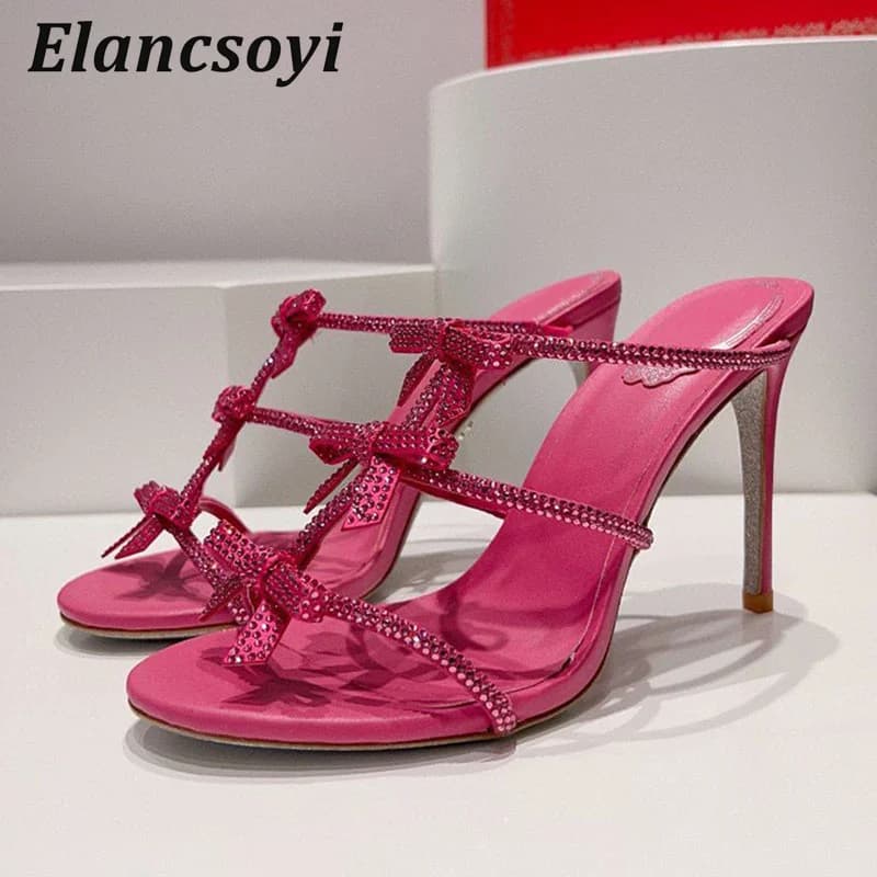Thin Heels Slippers Women's Bling Rhinestone Bow-knot Narrow Band High Heels Fairy Sandals Summer Sexy Outdoor Vacation Shoes