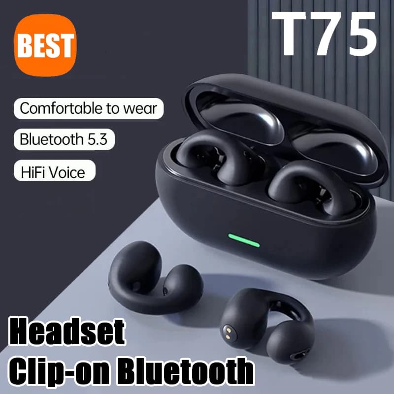 Cuffie Bluetooth T75 TWS 5.3 Wireless a Conduzione Aerea con Clip, Cancellazione del Rumore, Chiamate HD, per Sport e Gaming