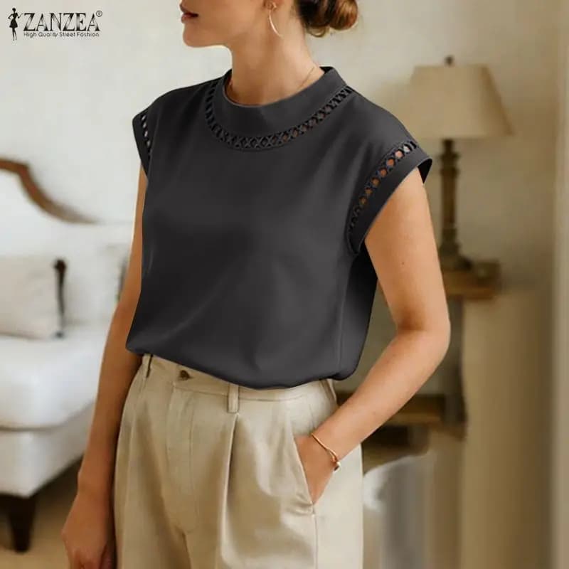 ZANZEA Camicette da donna alla moda con patchwork in pizzo e scollo a V, top estivi a maniche corte, streetwear, bluse da lavoro, tunica oversize 3XL