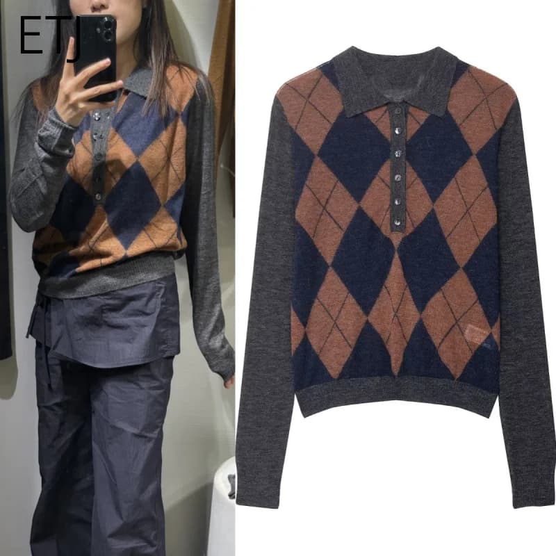 ETJ 2025 autunno nuova moda donna indossare diamante check cuciture a maniche lunghe polo collo maglione lavorato a maglia sottile