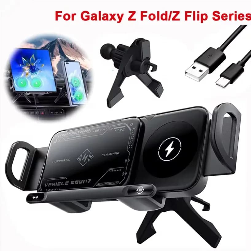 Stazione di Ricarica Wireless Rapida a Doppia Bobina per Auto, Supporto Magnetico Pieghevole per Cellulare, Compatibile con Samsung Fold 5 4 3 W24 23 S24 S23 S22 Ultra