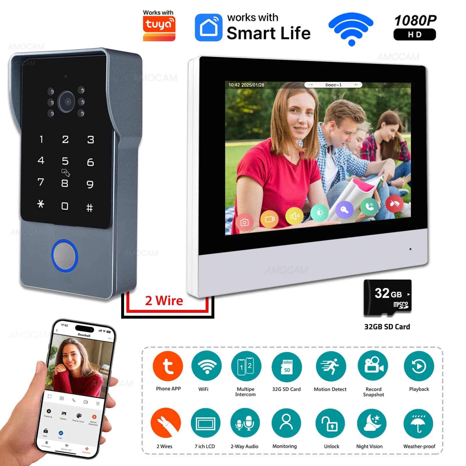 Sistema videocitofonico a 2 fili, monitor WIFI wireless da 7", videocitofono 1080P, videocitofono, codice, password, scheda IC, sblocco Tuya