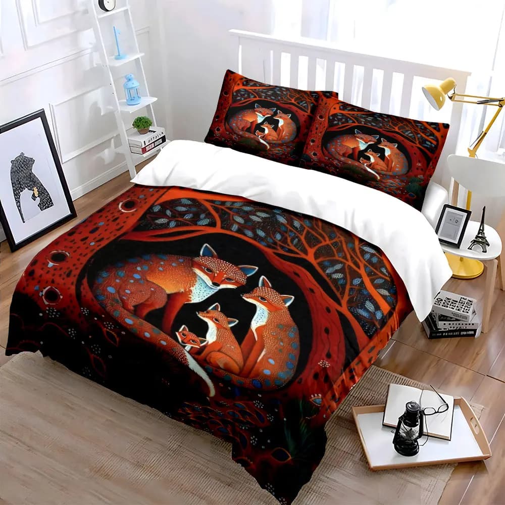 Set di biancheria da letto Fox Family Art Decor Set con 1 copripiumino e 2 federe, singolo, matrimoniale, king size, queen size, regalo
