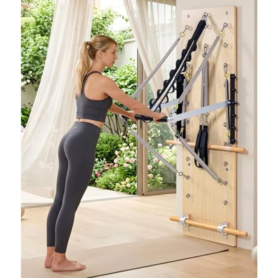 Wall Mounted Pilates Springboard with Maple Wood Frame 8 Adjustable Springs 26 Stainless Steel Hooks Beige Finish Space-Saving