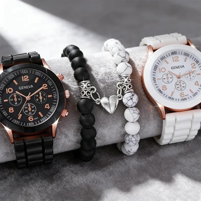 4 orologi da coppia alla moda, minimalisti e versatili per uomo e donna, abbinati a un set di braccialetti con perline d'amore