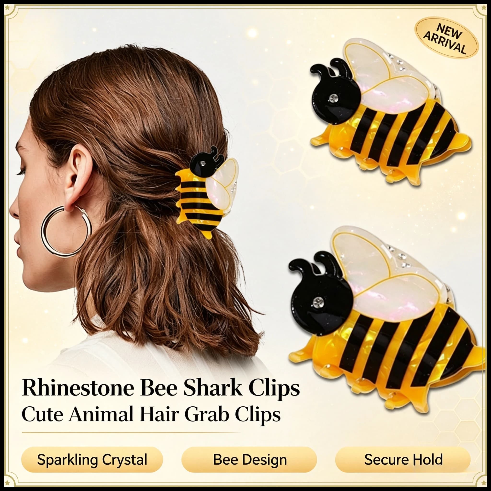 Cute Rhinestone Bee Shark Hair Clips Creative Animal Design Women Back Head Hair Grab Clips Fashion Lovely Daily Hair Accessories
