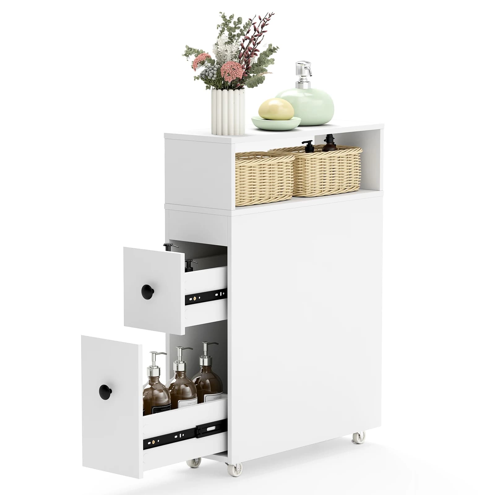 Mobiletto da bagno sottile, mobiletto da bagno stretto con cassetti, cestini portaoggetti rimovibili, porta scopino