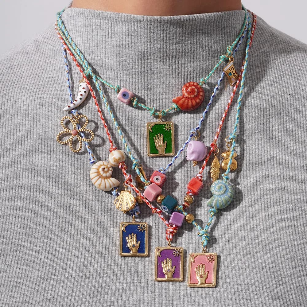 Collana con Corda Intrecciata in Acciaio Inossidabile, Ciondolo Mano di Hamsa, Occhio di Allah, Carta dei Tarocchi, Charm in Vetro Lampwork e Conchiglia, Gioielli Estivi da Spiaggia