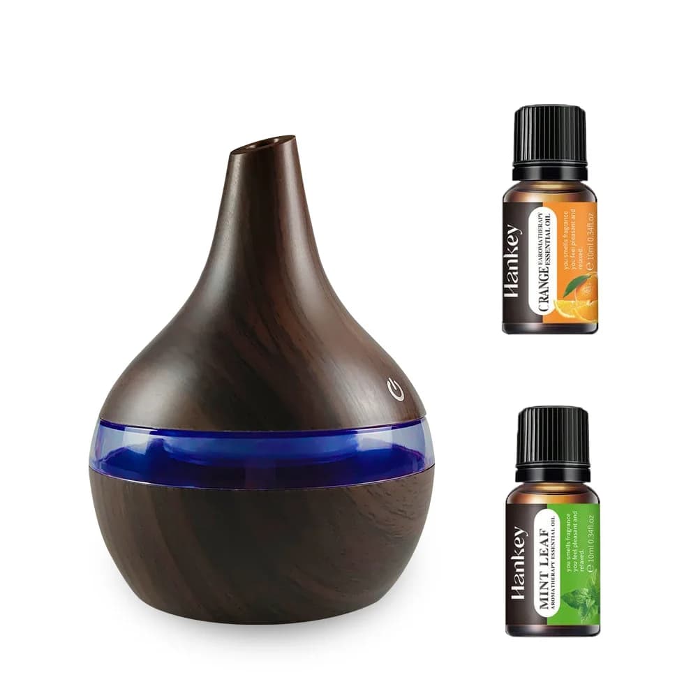Umidificatore effetto legno da 300 ml, diffusore di aromi con 2 oli, nebbia fredda, alimentato tramite USB
