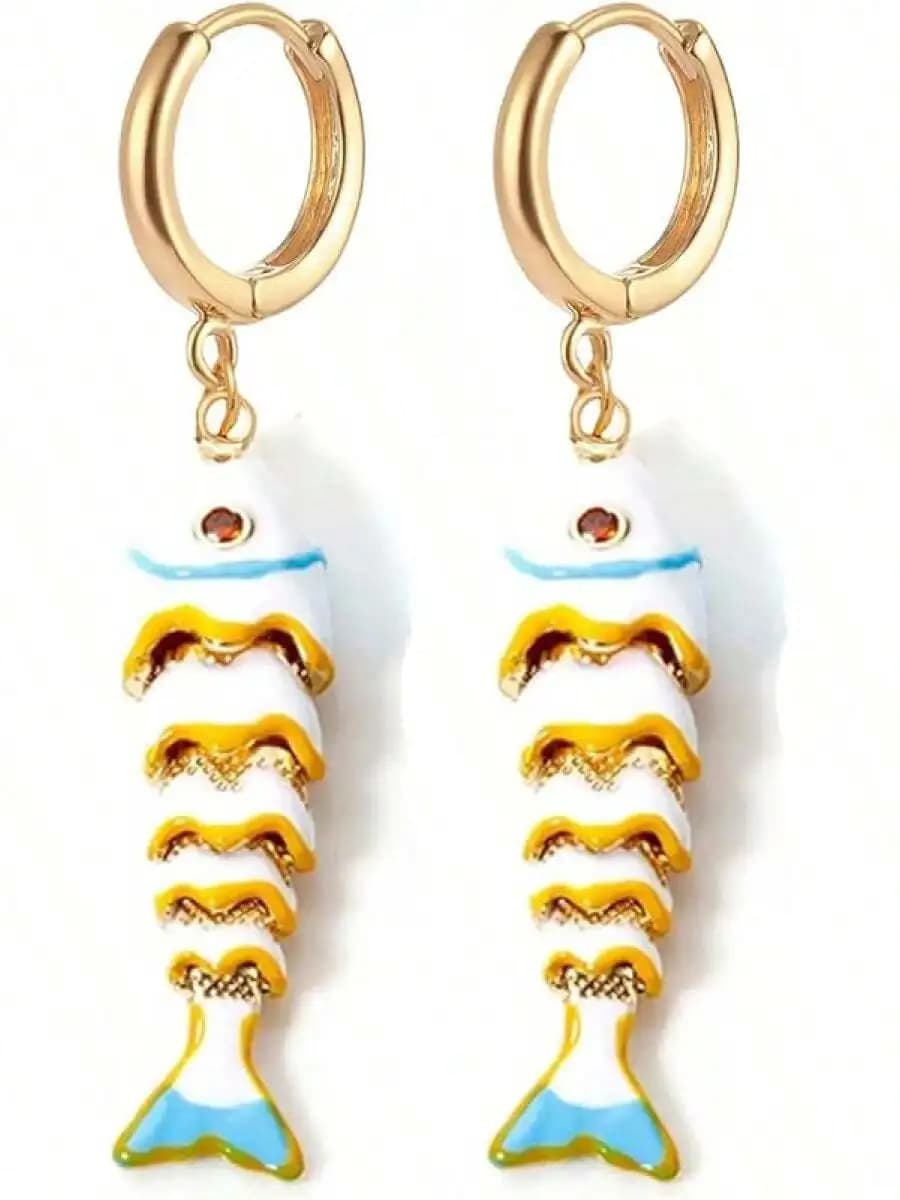 Boho Fish Earrings Women Gold Tone Huggie Hoops Dangle Enamel Ocean Style Statement Jewelry