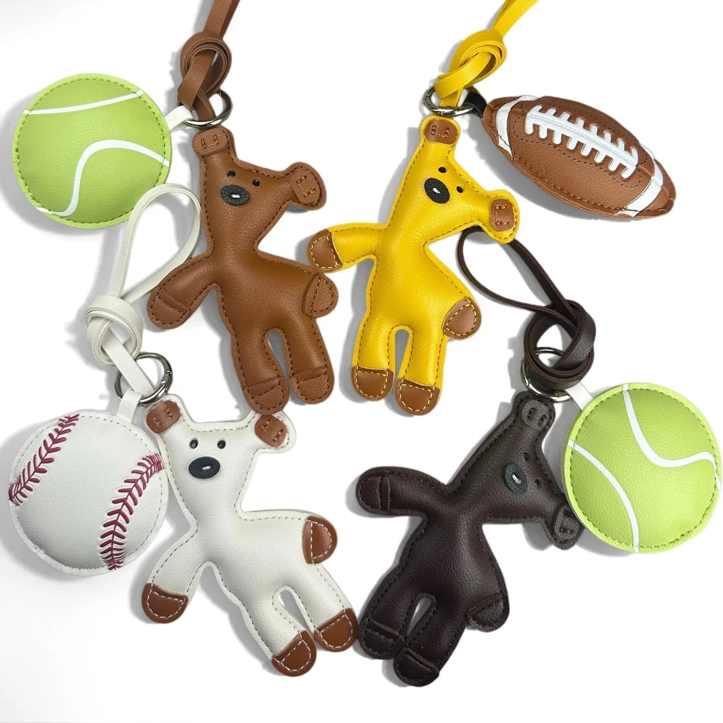 Relaxed Bear & Sports Ball PU Leather Keychain Bag Charm Set, Animal Bag Charm with Tennis, Baseball, Rugby Mini Pendant, Gift